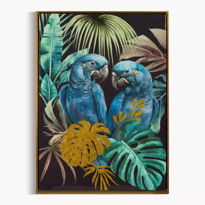 Obraz PARADISE 3 ręcznie malowany na płótnie papugi pośród egzotycznych kwiatów i liści oprawiony w ramę
