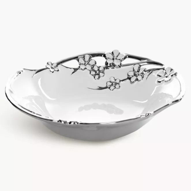 Misa ceramiczna dekoracyjna biało-srebrna z wypukłymi kwiatami 29x27x7 cm