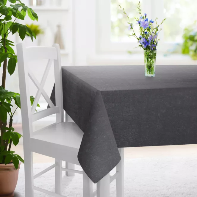 Obrus szyty stalowy z miękkiej tkaniny szenilowej typu dimout o naturalnym splocie