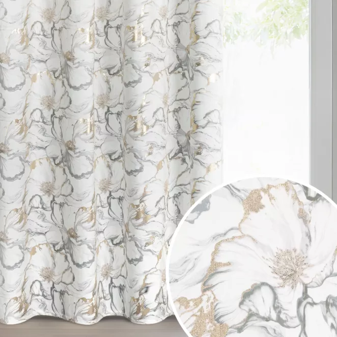 Zasłona biało, szara z welwetu zdobiona nadrukiem kwiatów i szampańskich akcentów 140x250 cm przelotka - LISA