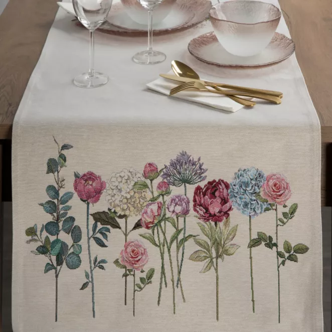 Bieżnik na stół naturalno, ciemnoróżowy 50x110 cm gobelinowy z nadrukiem letnich kwiatów