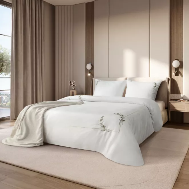 Pościel 160x200 cm komplet 3 częściowy makosatyna bawełniana biało, zielony z haftem REINA 55 - kolekcja FOREST SUMMER