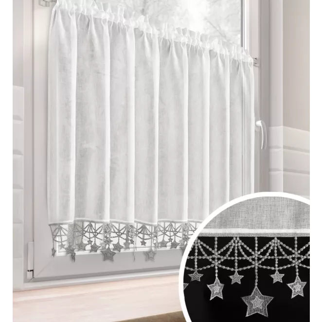 Zazdrostka biało, srebrna z etaminy zdobiona świątecznymi gwiazdkami 150x90 cm tunel - XMAS