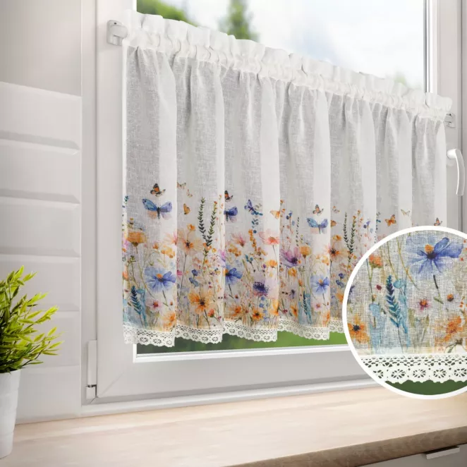 Zazdrostka biało, żółta  z etaminy zdobiona nadrukiem kwiatów i koronką 150x60 cm tunel ROZALIE