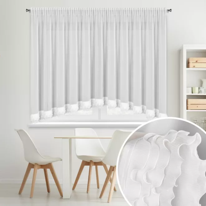 Firana biała z szyfonu zdobiona falbanką układającą się w łuk 400x160 cm taśma - LUISA