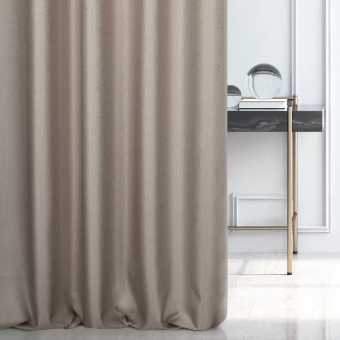 Zasłona szyta na taśmie 5 cm szara z tkaniny z dodatkiem połyskującej nici, z widocznym ozdobnym splotem