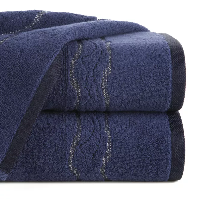 Ręcznik do rąk 30x50 cm bawełniany kolor granatowy zdobiony bordiurą z błyszczącym wzorem 500 g/m2 KARIN