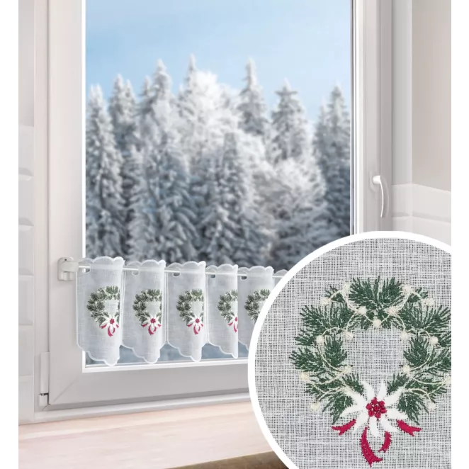 Tkanina firanowa zazdrostka zdobiona świątecznym haftem