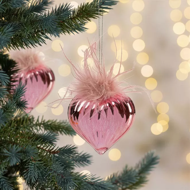 Szklana zawieszka bombka choinkowa ręcznie zdobiona z piórami