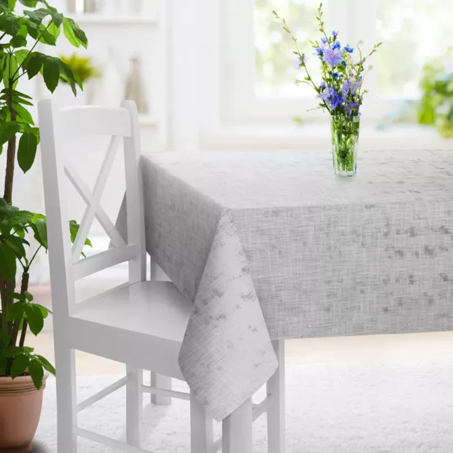 Obrus szyty naturalno srebrzysty z tkaniny o naturalnym splocie, zdobiona błyszczcącym nadrukiem Italissima Eva Minge