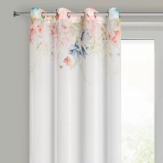 Zasłona biało, różowa zdobiona wzorem botanicznym z etaminy 135x250 przelotka - ARLENA