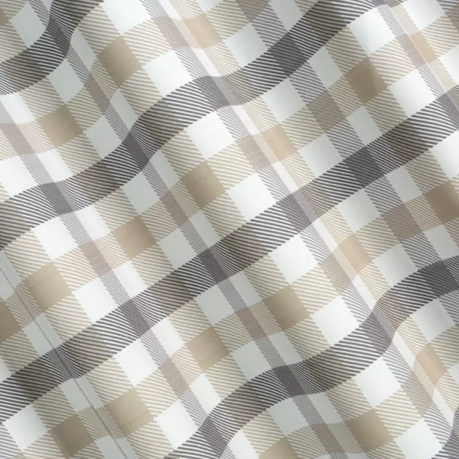 P253/3 Zasłona szyta na taśmie 5 cm beżowo grafitowa z tkaniny o naturalnym splocie z nadrukowanym wzorem w kratę