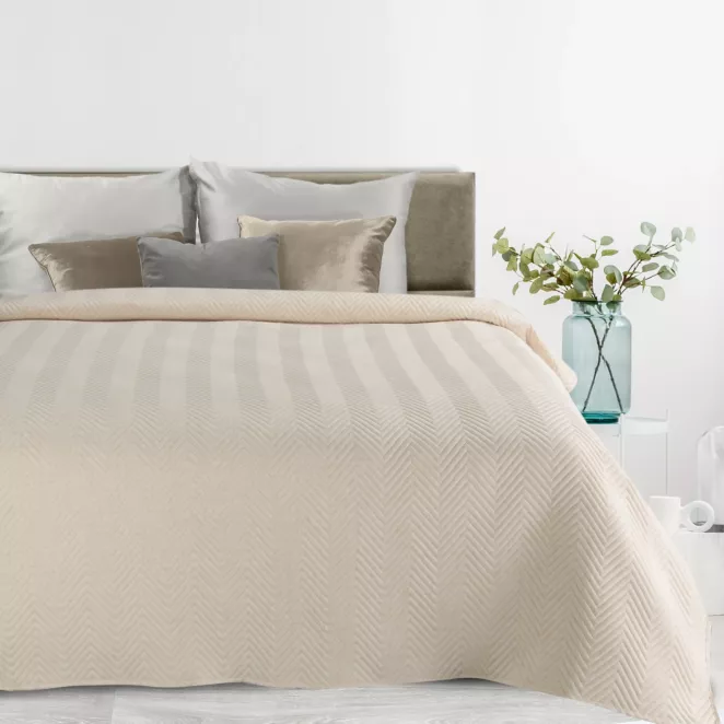 Narzuta z tkaniny o strukturze lnu kremowa 200x220 cm pikowana w wzór jodełki LEN 3 Eurofirany Premium