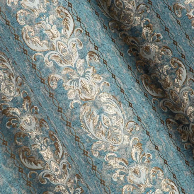 M129/4 Zasłona szyta na taśmie 5 cm ANKARA turkusowo złocista elegancka z pasami ornamentowego wzoru i połyskliwą nicią lureksową