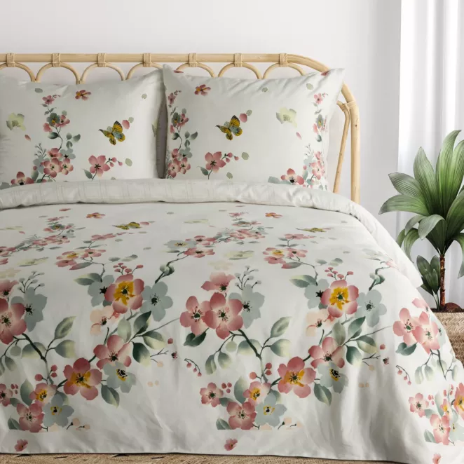 Pościel 220x200 cm z satyny bawełnianej kolor biały, różowy z wzorem kwiatowym ELLA 17 w kwiaty