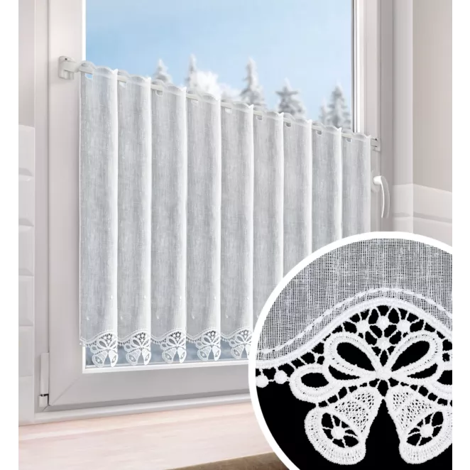 Tkanina firanowa zazdrostka z etaminy zdobiona świątecznym ażurowym haftem w formie dzwoneczków