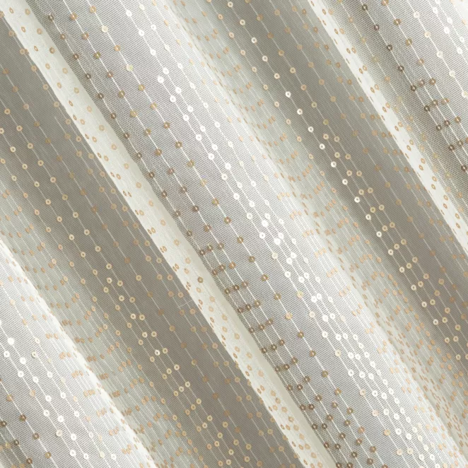 L81/1 Firana szyta na taśmie 5 cm FLORINDA kremowo złota nowoczesna z szerokim pasem błyszczących cekinów, wykończona obciążnikiem