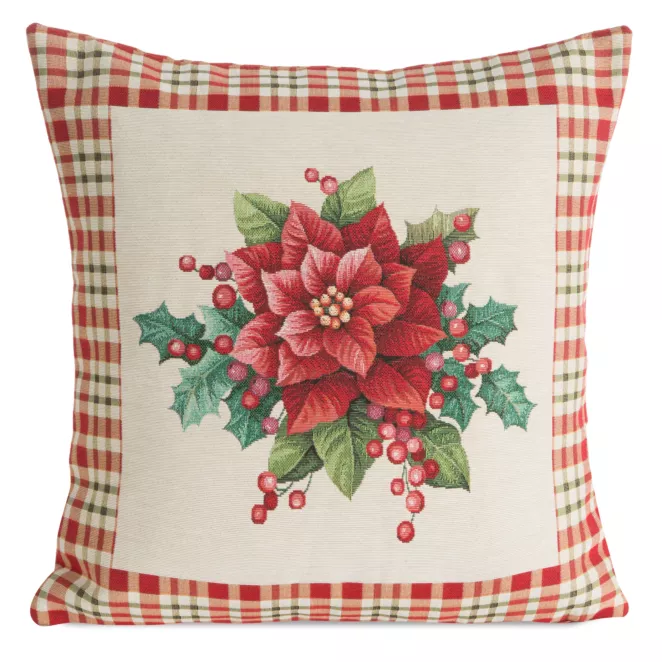 Poszewka na poduszkę 45x45 cm bawełniana, gobelinowa naturalno, czerwona zdobiona motywem gwiazdy betlejemskiej GOB