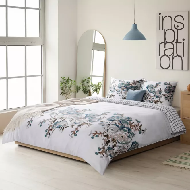 Pościel 220x200 cm bawełniana kolor biały, stalowy dwustronny wzór SPRING 40