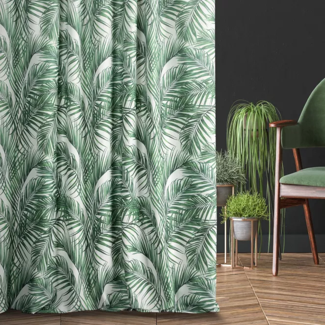 Zasłona szyta na taśmie 5 cm PALMAS zielona z tkaniny o naturalnym splocie w botaniczny wzór