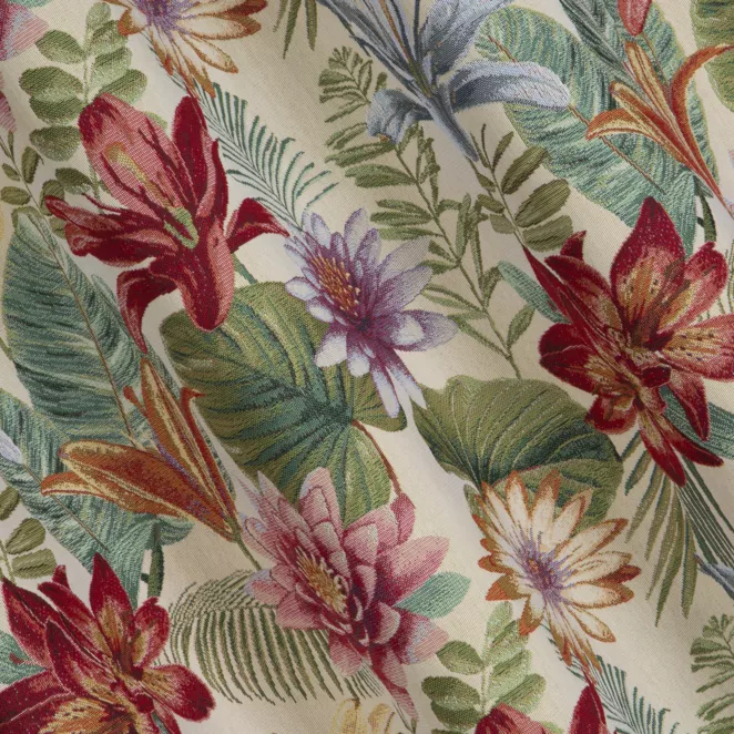 H225/4 Zasłona szyta na taśmie 5 cm beżowo czerwona z tkaniny gobelinowej w kwiatowy wzór, zawiera 20% bawełny