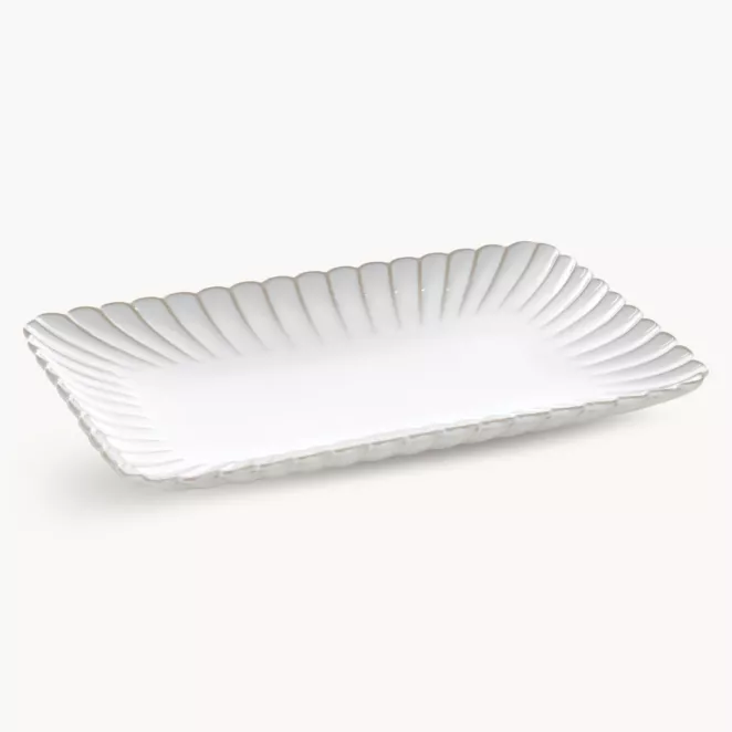 Patera ceramiczna dekoracyjna kremowo-beżowa prostokątna  zdobiona przecieranym wzorem w stylu eko 32x20x3 cm AVRIL