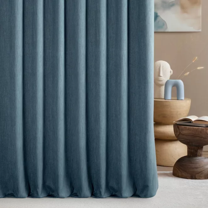 Zasłona szyta na taśmie 5 cm petroa z tkaniny o naturalnym splocie z efektem melanżu