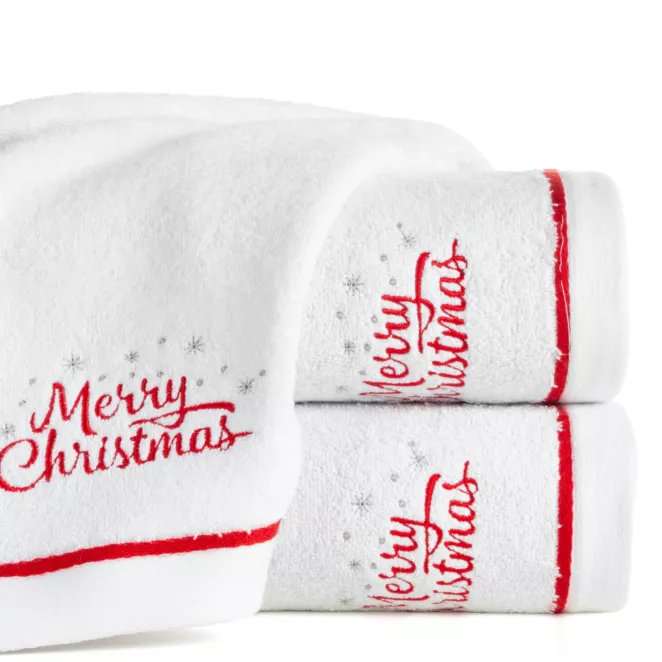 Ręcznik kąpielowy świąteczny 50x90 cm bawełniany kolor biały,czerwony zdobiona świątecznym haftem 450 g/m2 GERDA