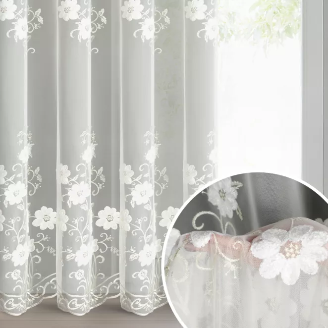 Firana kremowa z siateczki zdobiona subtelnym haftem 140x250 cm przelotka - SALI