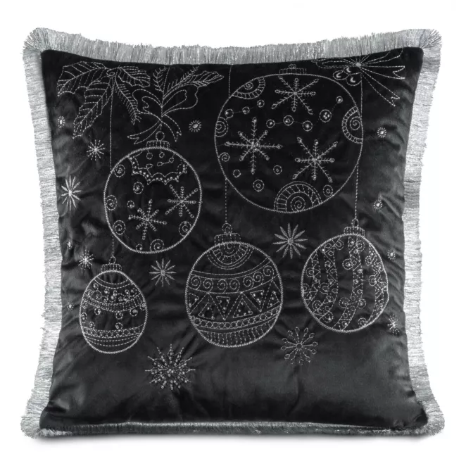 Poszewka na poduszkę 45x45 cm czarno, srebrna z haftowanym świątecznym motywem i ozdobnymi frędzlami