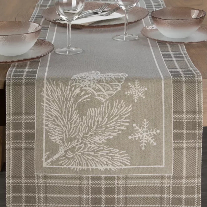 Bieżnik na stół ciemnobeżowy 45x140 cm gobelinowy HOLLY z motywem świątecznym i ozdobną kantą w kratę