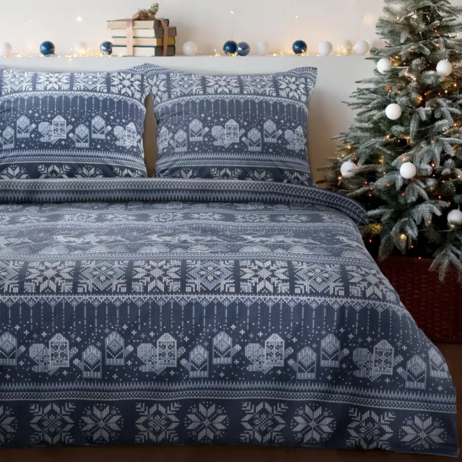 Pościel świąteczna 140x200 cm bawełna flanelowa kolor granatowy, biały z subtelnym nadrukiem FJORD