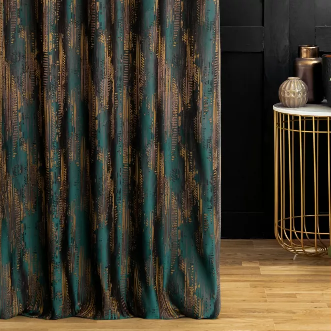 Zasłona szyta na taśmie 5 cm turkusowa z miękko układającej się tkaniny z nowoczesnym nieregularnym wzorem