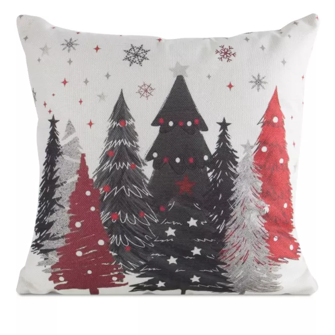 Poszewka na poduszkę świąteczna 45x45 cm o naturalnym splocie zdobiona uroczymi drzewkami