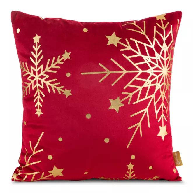 Poszewka na poduszkę świąteczna 45x45 cm welwetowa czerwona zdobiona świątecznym nadrukiem szampańskich śnieżynek