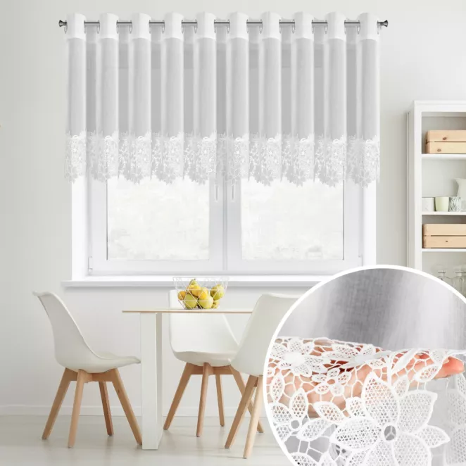 Firana biała z matowej etaminy zdobiona subtelną aplikacja w formie kwiatów 350x145 cm przelotka - ARTEMIDA