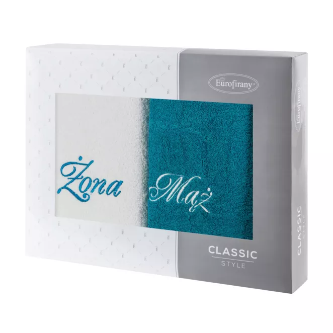 Zestaw ręczników bawełnianych na prezent 2 szt 50x90 cm z haftem Żona i Mąż kolor biały,turkusowy 400 g/m2