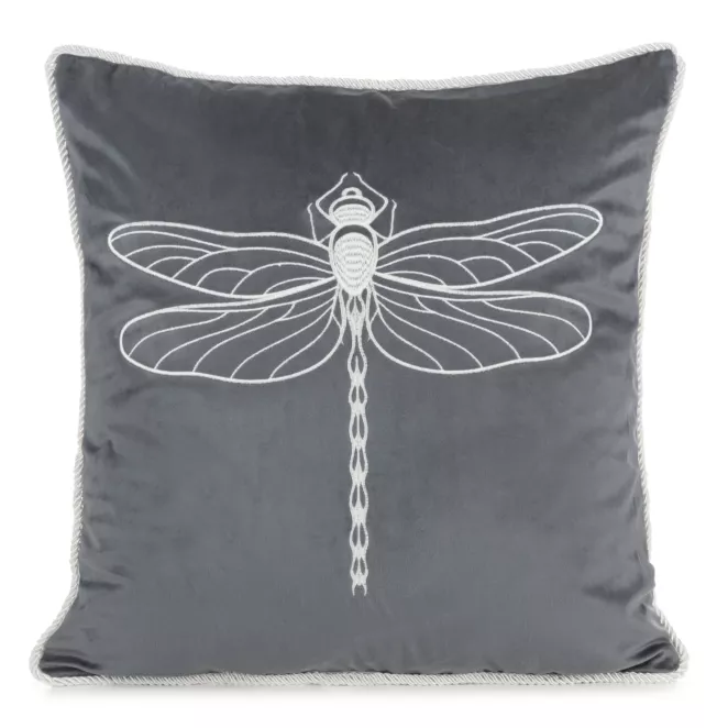 Poszewka na poduszkę 45x45 cm welwetowa, grafitowo srebrna z haftem ważki oraz ozdobnym sznurem