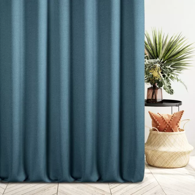 Zasłona szyta na taśmie 5 cm ciemnoniebieska z tkaniny o naturalnym splocie z efektem melanżu