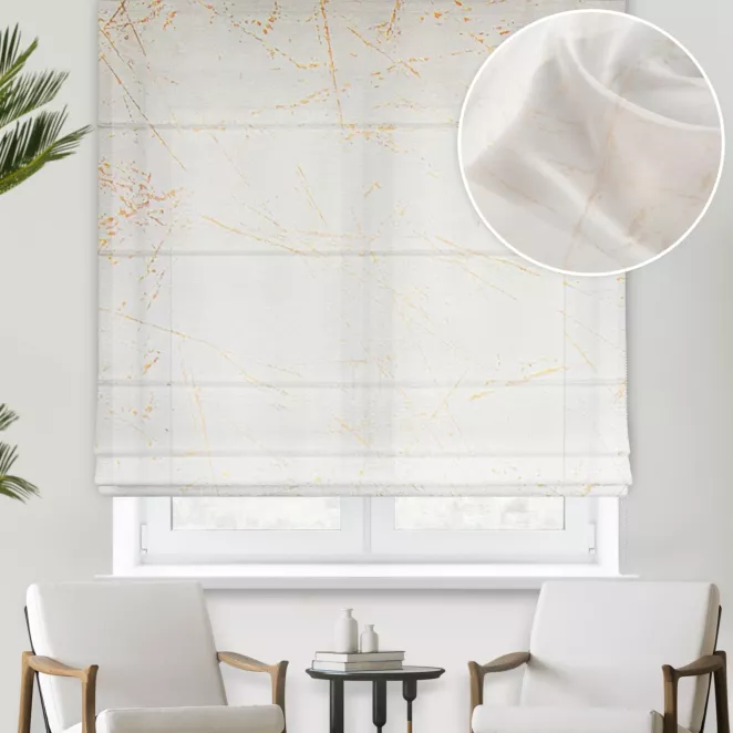 Roleta rzymska biało szampańska z szyfonowej tkaniny z błyszczącym nadrukiem