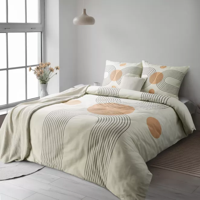 Pościel 220x200 cm komplet 3 częściowy satyna bawełniana kolor jasnobeżowy, jasnopomarańczowy z motywem geometrycznym SPRING 87