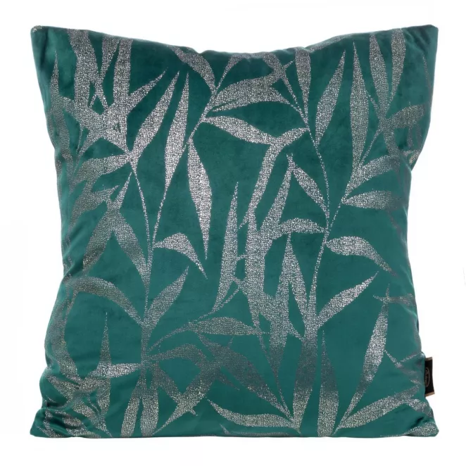 Poszewka na poduszkę 45x45 cm welwetowa kolor ciemnoturkusowy ze złocistym nadrukiem liści BLINK 22