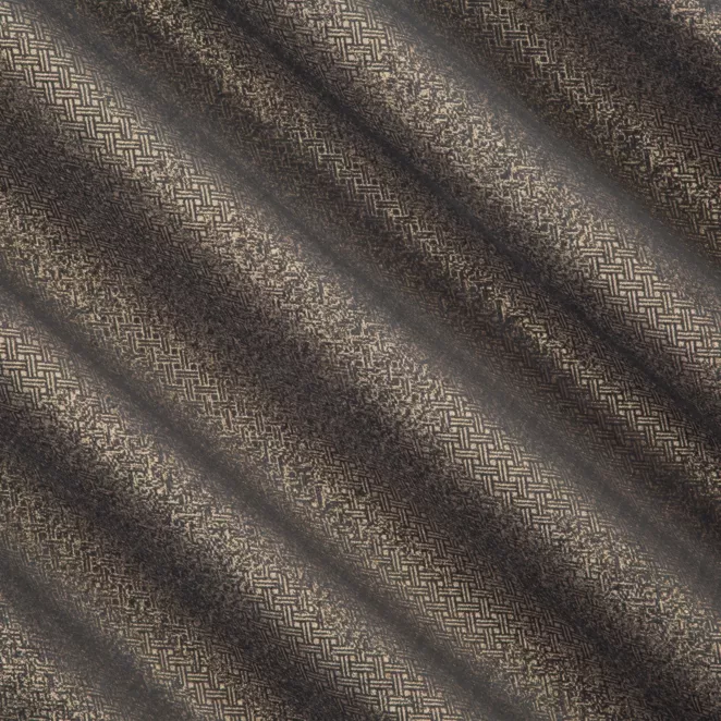 R195/1 Zasłona szyta na taśmie 5 cm grafitowo złocista z połyskującej tkaniny z geometrycznym, drobnym wzorem Pierre Cardin