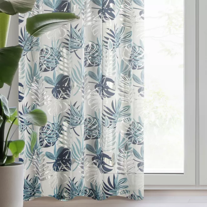 Dekoracja okienna biało, granatowa z motywem botanicznym i błyszczącym nadrukiem 140x270 taśma MALTA