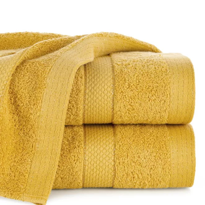 Ręcznik do rąk 30x50 cm bawełniany kolor musztardowy z bordiurą w paseczki 500 g/m2 BARI