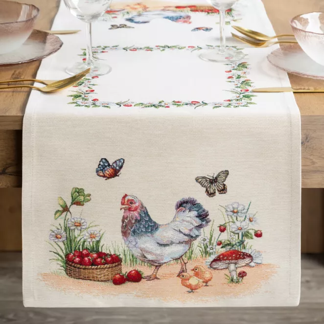 Bieżnik na stół naturalno, zielony 40x100 cm gobelinowy z motywem wiejskim