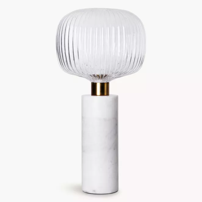 Lampa stołowa do salonu biało, złota LUKA o marmurowej podstawie i szklanym tłoczonym kloszem