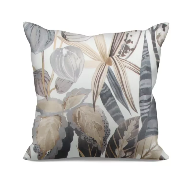 Poszewka szyta beżowo grafitowa z tkaniny o naturalnym splocie z nadrukowanym kwiatowym wzorem