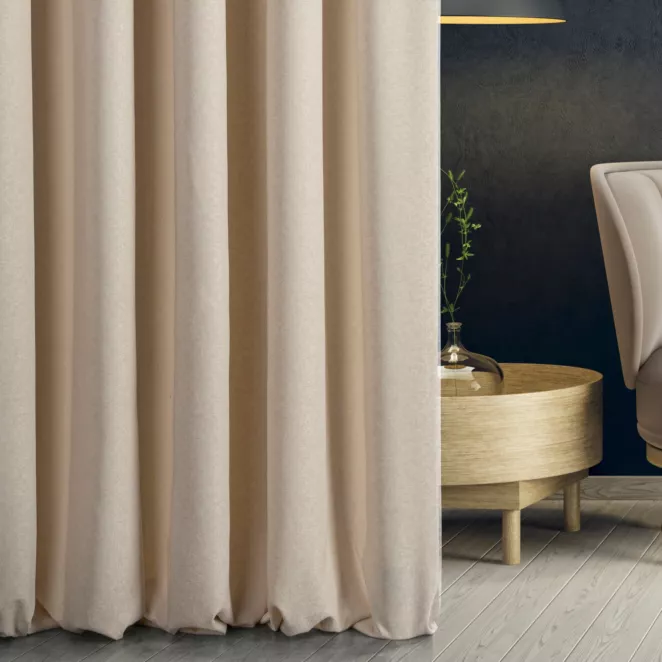 Zasłona szyta na taśmie 5 cm VISCAYA jasnobeżowa z melanżowej i miłej w dotyku tkaniny Italissima