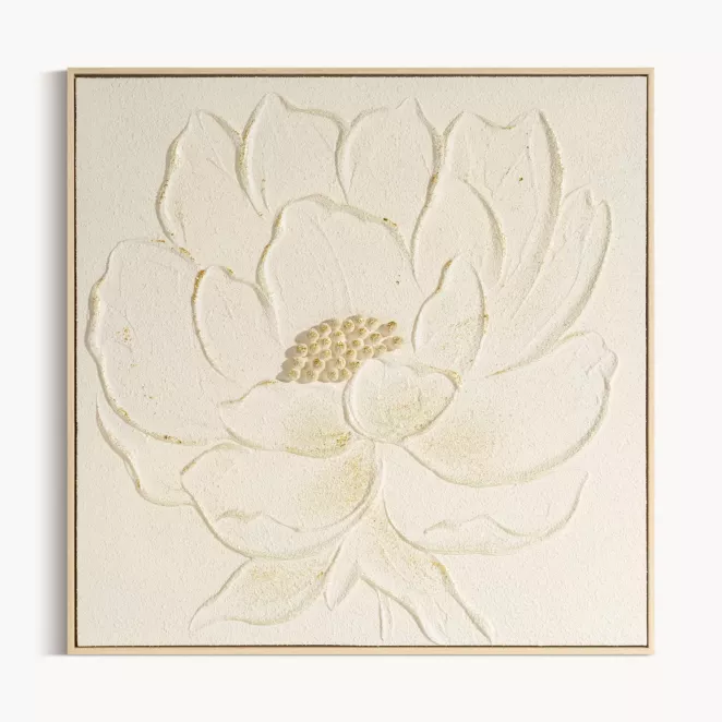 Obraz kremowo, zloty ręcznie malowany na płótnie z motywem kwiatów oprawiony w ramę 62x62 cm